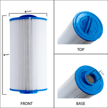 Load image into Gallery viewer, 3-way grid view of the dimensions of Unicel 35 Square Foot Filter spa filter. Displaying dimensions for top, front, and base.