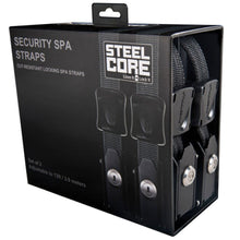 Load image into Gallery viewer, Box of Steel Core Security Spa Straps. Black box with the sides open and exposed, showing the 2 black straps.