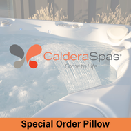 Caldera Spas Special Order Pillow.  Caldera Logo in the center with a Caldera Spa in the background, showing the corner pillow.