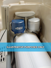 Load image into Gallery viewer, FROG @ease System Cartridge Holder for Sundance Spas.  Holder ONLY, cartridges not included.  Shown filled and installed for illustrative purposes.  Grey holder holding a blue cartridge, a silver cartridge, and a filter.
