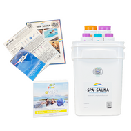 Photo of the contents of the Frog @Ease SmartChlor Floater Chemical Start-Up Kit. Four Gallon Square Pail, Square Lid with Tear Tab, Frog @Ease SmartChlor Floating System, and our carefully chosen collection of the best products.