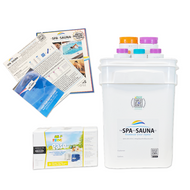 Photo of the contents of the Frog @Ease SmartChlor Jacuzzi Sundance Chemical Start-Up Kit. Four Gallon Square Pail, Square Lid with Tear Tab, @Ease SmartChlor System, and our carefully chosen collection of the best products.