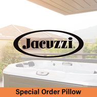 Jacuzzi Special Order Pillow.  Jacuzzi logo in the center, with a Jacuzzi spa in the background, showing the corner pillow.
