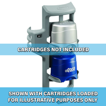 Load image into Gallery viewer, FROG @ease System Cartridge Holder for Jacuzzi Spas.  Holder ONLY, cartridges not included.  Shown filled for illustrative purposes.  Grey holder holding a blue cartridge and a silver cartridge.

