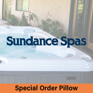 Sundance Spas Special Order Pillow.  Sundance Spas logo in the center, with a Sundance spa in the background, showing the corner pillow.
