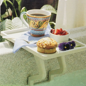 Aqua Tray Spa Table holding muffin and coffee