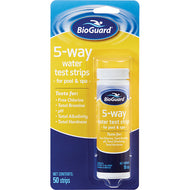 Packaging with Bottle of BioGuard 5-way Test Strips.  Yellow and blue packaging, white bottle with yellow and blue label, white cap.