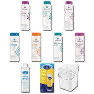 Ozone Hot Tub Water Care Bundle All Products.  Shows 9 different bottles and a bucket for all the products in the bundle.