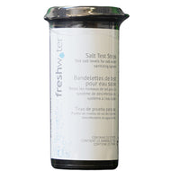 Bottle of FreshWater Salt Test Strips.  25 count, black bottle with white label, black cap.